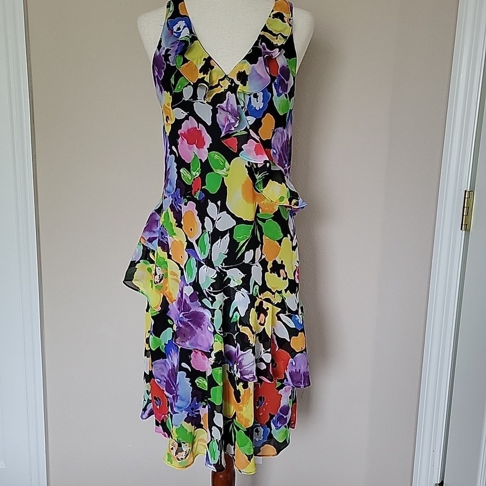 Lauren Ralph Laure Floral Dress Womens Size 8 Colorful Ruffles Sleeveless Midi